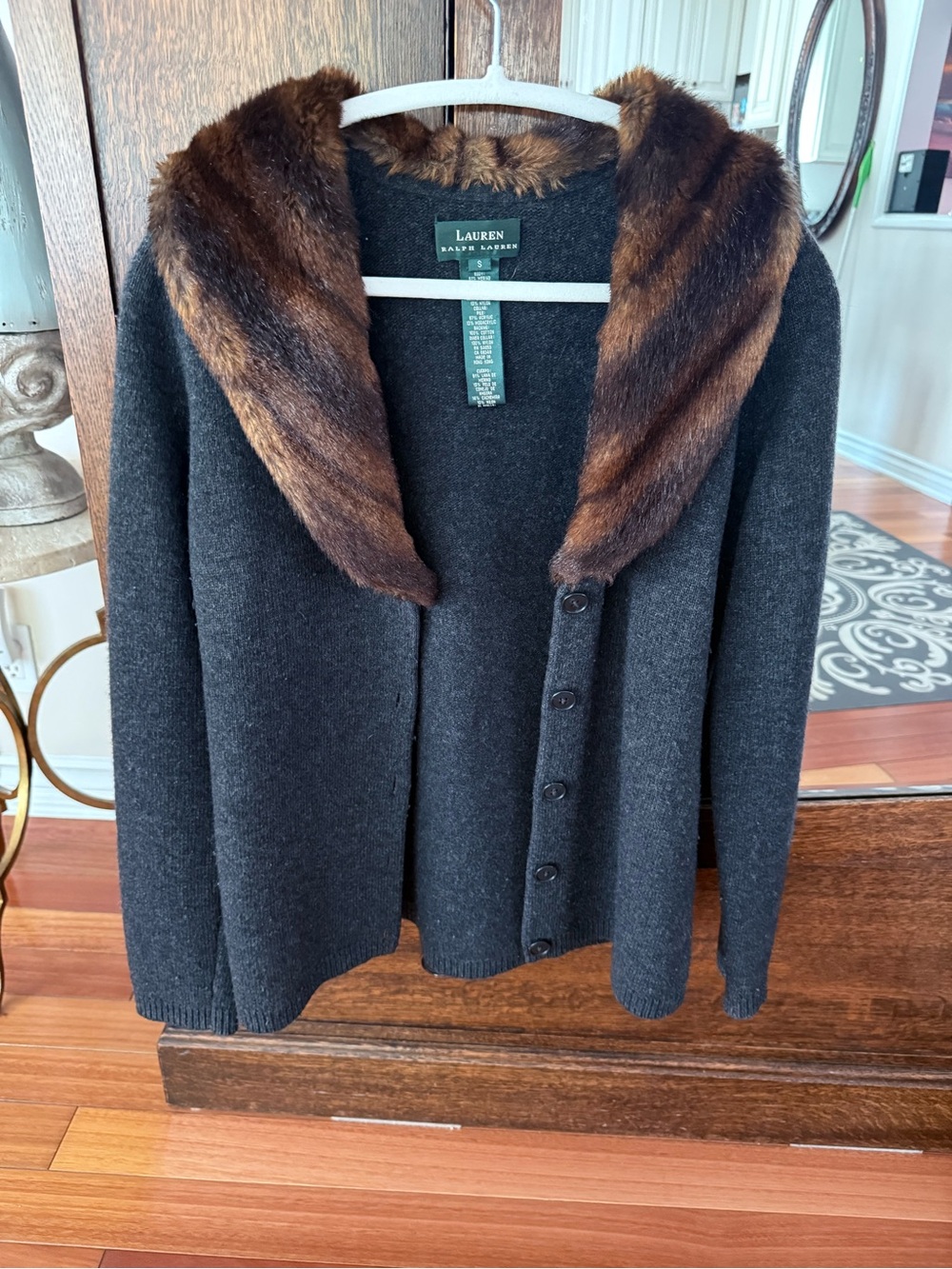 Ralph Lauren Black Cardigan with Brown Faux-Fur Collar